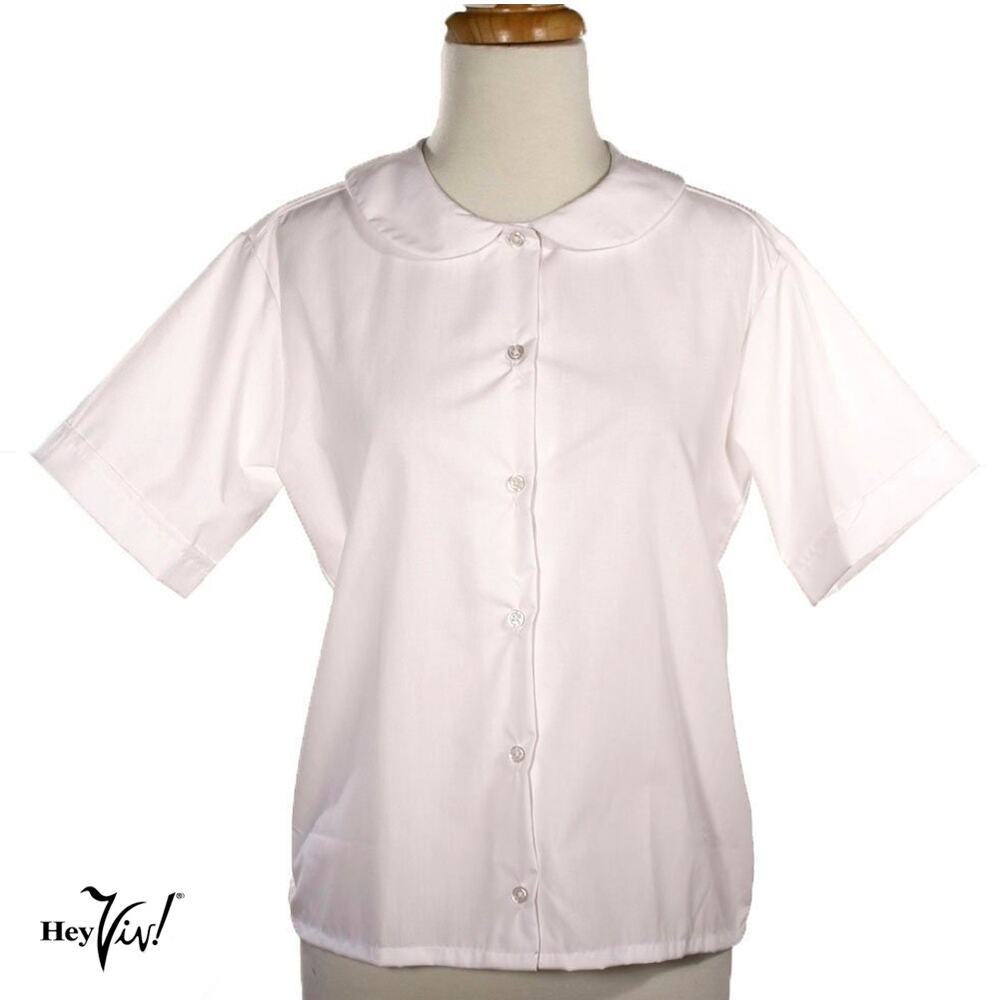 White Peter Pan Collar Short Sleeve Blouse Button Up Poly Cotton Adult Sz Large - Picture 2 of 7